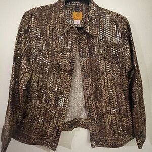 Ruby Rd. Women’s Button Front Brown Animal Print shiny Jacket size 10